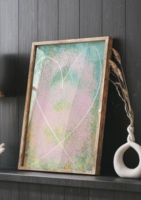An unframed print of distressed abstract heart graphical in pink and white accent colour