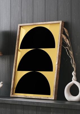 An unframed print of yellow black disc abstract two retro in black and black accent colour