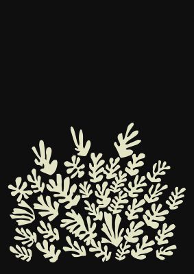 An unframed print of black ecru abstract leaf shape graphical in black and white accent colour