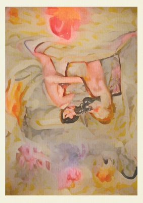 An unframed print of textured abstract watercolour retro in brown and multicolour accent colour