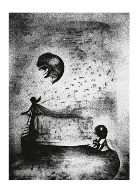 An unframed print of abstract charcoal etching retro in monochrome