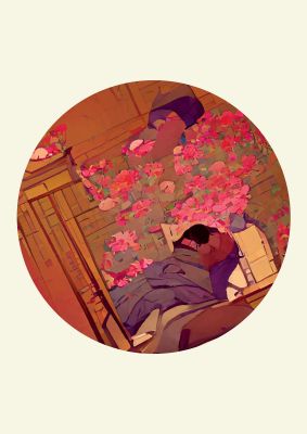 An unframed print of japanese watercolour disc one retro illustration in pink and beige accent colour