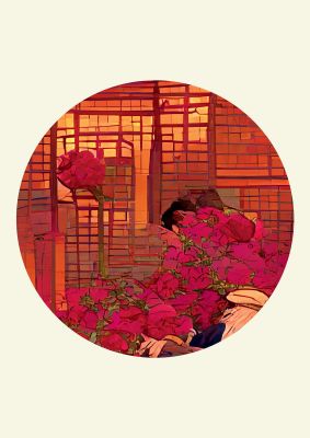 An unframed print of japanese watercolour disc three retro illustration in pink and beige accent colour