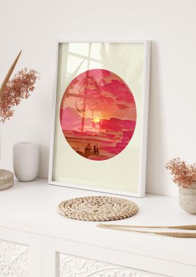 An unframed print of japanese watercolour disc four retro illustration in red and beige accent colour