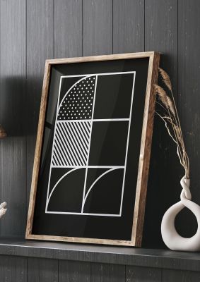 An unframed print of black white abstract shape line three graphical in monochrome