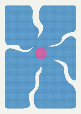 An unframed print of groovy abstract flower collage blue graphical in blue and pink accent colour