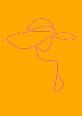 An unframed print of lady in hat line drawing orange pink graphical in orange and pink accent colour
