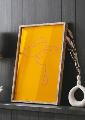An unframed print of lady in hat line drawing orange pink graphical in orange and pink accent colour