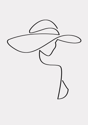An unframed print of lady in hat line drawing black white graphical in white and black accent colour