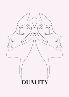 An unframed print of duality line drawing black white graphical in pink and black accent colour
