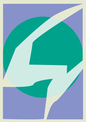 An unframed print of soft tone abstract lilac three graphical in green and purple accent colour