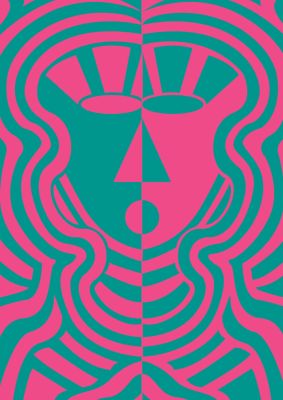 An unframed print of psychedellic face pink green famous paintings abstract in green and pink accent colour