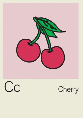 An unframed print of bold childlike fruit three cherry kids wall art illustration in beige and pink accent colour