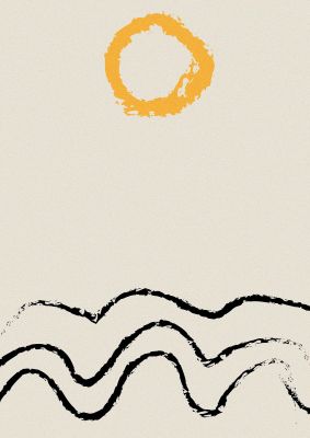 An unframed print of abstract landscape sun two graphical in beige and yellow accent colour
