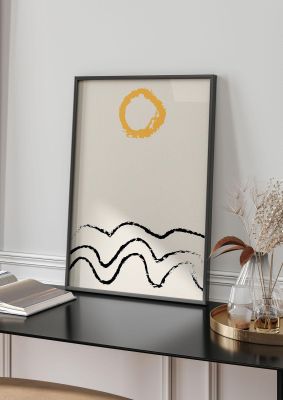 An unframed print of abstract landscape sun two graphical in beige and yellow accent colour