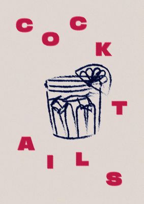 An unframed print of cocktails graphical in typography in beige and red accent colour