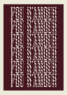 An unframed print of fou d'amour madly in love french quote in typography in red and white accent colour