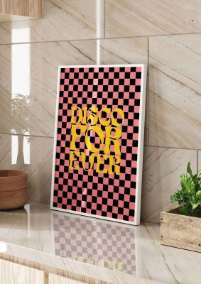 An unframed print of disco forever funny slogans in typography in multicolour and yellow accent colour