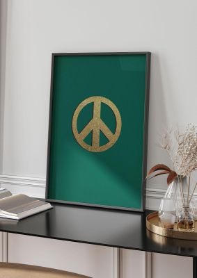 An unframed print of peace sign deep green graphical illustration in green and gold accent colour