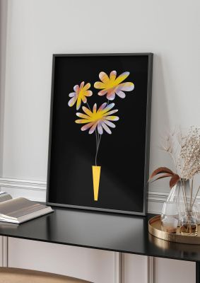 An unframed print of black collage watercolour vase botanical illustration in black and yellow accent colour