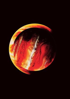 An unframed print of abstract mars painting graphical in red and black accent colour