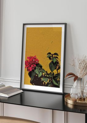 An unframed print of spanish flower halftone yellow botanical illustration in orange and red accent colour