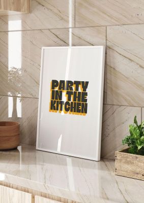 An unframed print of kitchen party quote in typography in white and black accent colour