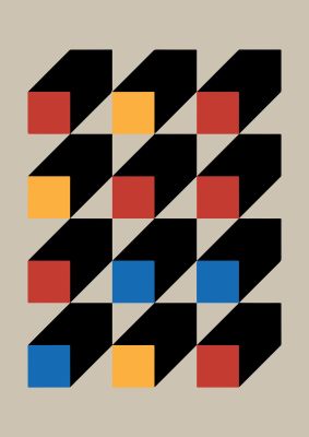 An unframed print of bauhaus inspired block colour one retro in multicolour and beige accent colour