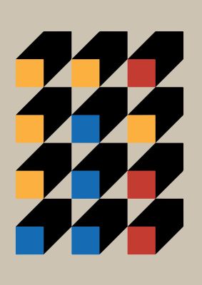 An unframed print of bauhaus inspired block colour three retro in multicolour and beige accent colour