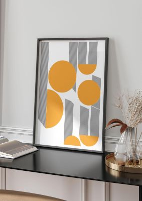 An unframed print of abstract line disc mustard retro in orange and grey accent colour