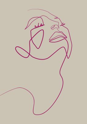 An unframed print of line drawing ectasy face graphical in beige and purple accent colour