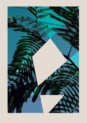 An unframed print of graphic puzzle palm blue one graphical illustration in green and blue accent colour