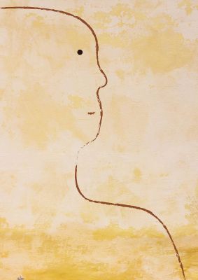 An unframed print of distressed wall abstract face graphical in beige and black accent colour