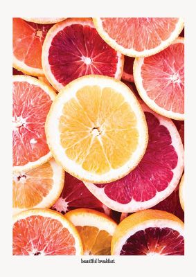 An unframed print of beautiful breakfast citrust graphical photograph in beige and pink accent colour