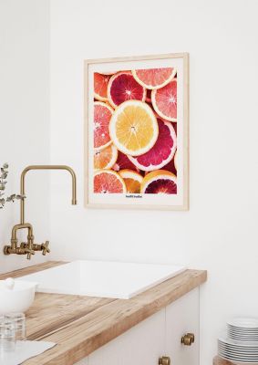 An unframed print of beautiful breakfast citrust graphical photograph in beige and pink accent colour