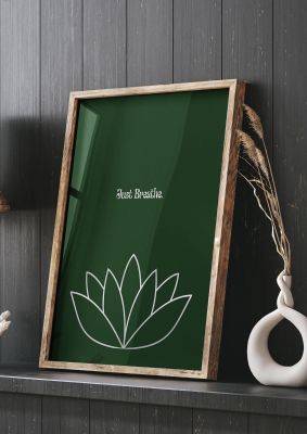 An unframed print of just breathe silver and green lotus botanical graphic in green and white accent colour