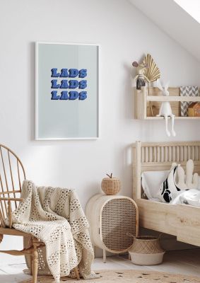An unframed print of lads lads lads funny slogans in typography in blue and grey accent colour