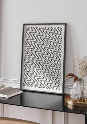 An unframed print of abstract line illusion ecru pattern in grey and black accent colour