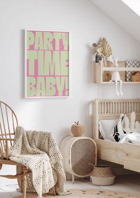 An unframed print of party time large text quote in typography in green and pink accent colour
