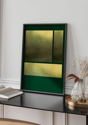 An unframed print of gold grid panel deep green graphical geometric in green and gold accent colour