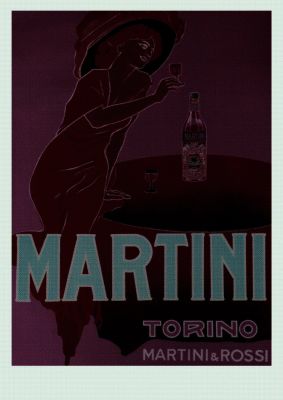An unframed print of vintage dark martini cocktail graphical illustration in brown and blue accent colour