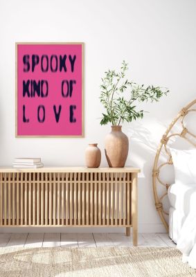 An unframed print of spooky lyric quote graphic in pink and black accent colour