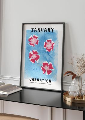 An unframed print of birth month flower series january botanical illustration in blue and red accent colour