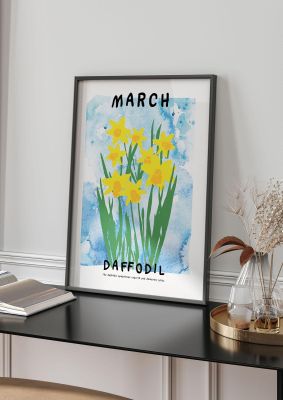 An unframed print of birth month flower series march botanical illustration in blue and yellow accent colour