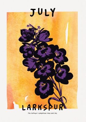 An unframed print of birth month flower series july botanical illustration in orange and purple accent colour