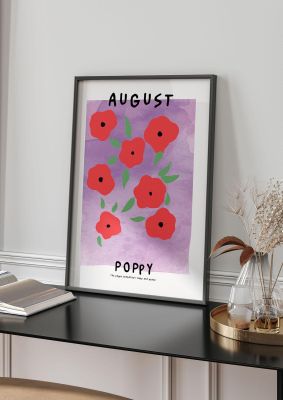An unframed print of birth month flower series august botanical illustration in purple and red accent colour