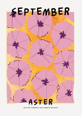 An unframed print of birth month flower series september botanical illustration in pink and yellow accent colour