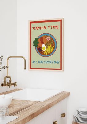 An unframed print of retro ramen time food illustration retro in multicolour and red accent colour