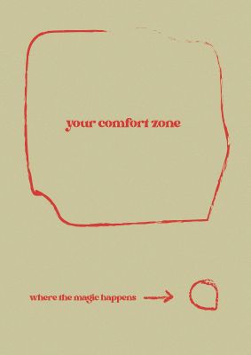 An unframed print of inspirational magic happens ecru quote in typography in green and red accent colour