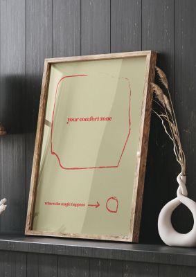 An unframed print of inspirational magic happens ecru quote in typography in green and red accent colour